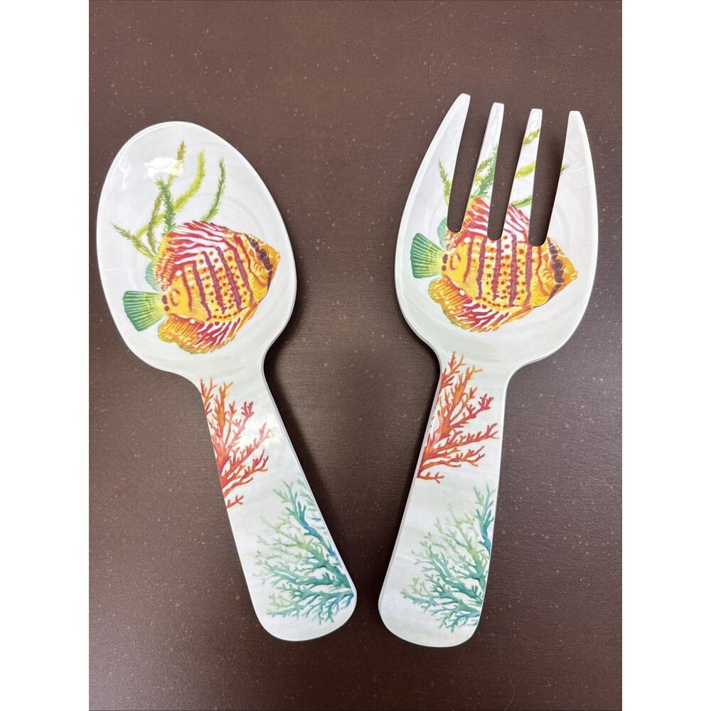Salad Serving Utensils Fork & Spoon Melamine Indoor Outdoor Fish Coral New